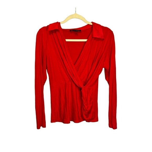 Boston Proper Blouse Women's Size Small Faux Wrap Long Sleeve Red‎ - Picture 1 of 4